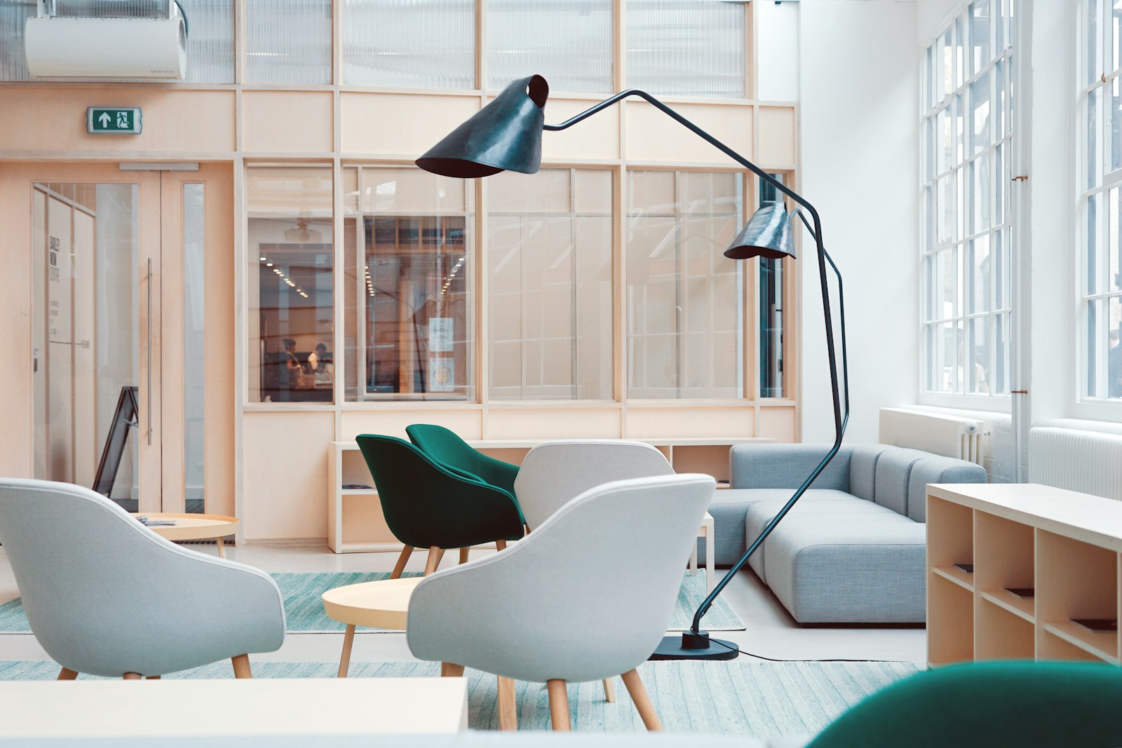 A tidy assembled workspace with desk and seating